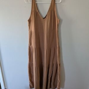 Quince Tan Brown Maxi Dress Tiered Cotton
